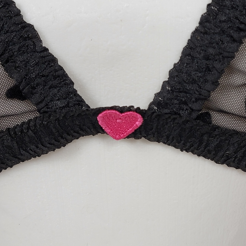 PINK Victoria's Secret Black Velvet  Heart Mesh Bralette Tease M/L - Picture 6 of 11